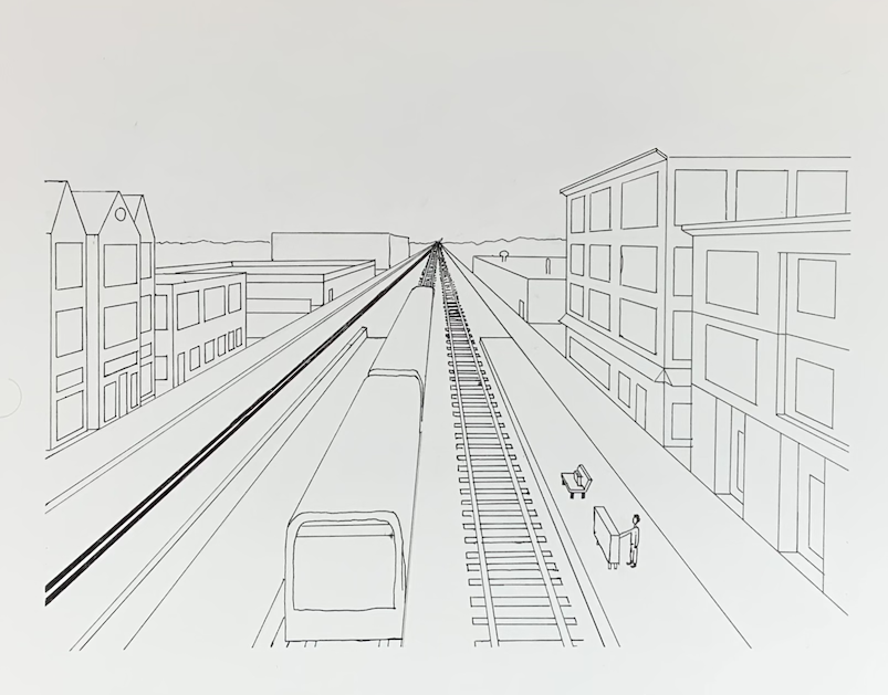Perspective drawing of railroad station